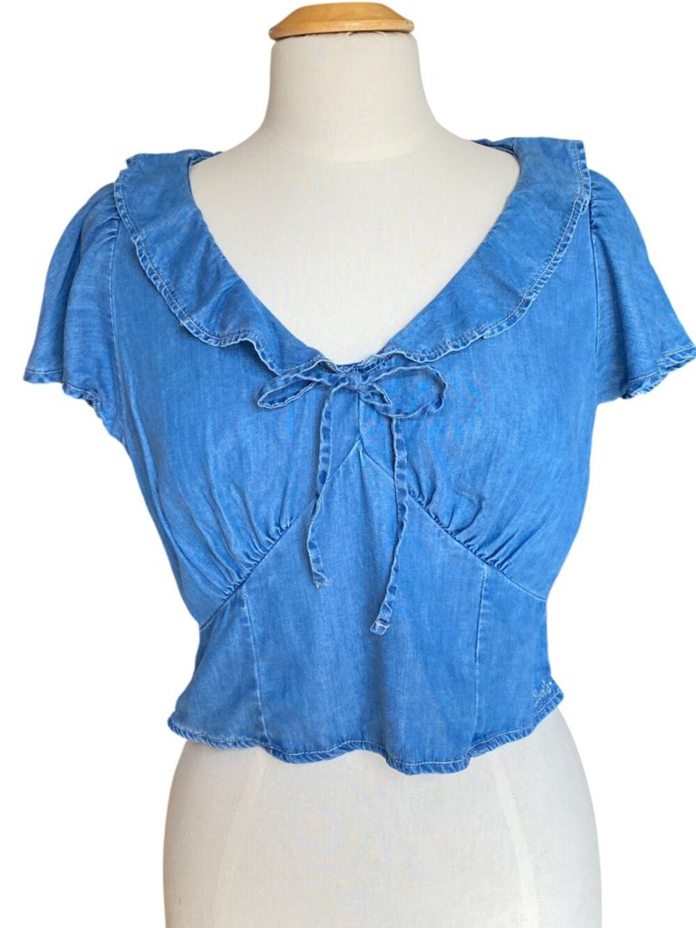 Levis Babydoll Chambray Denim Ruffle Collar Tie Front Crop Top Y2K Milkmaid-S